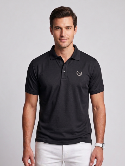 BLACK REGULAR FIT SOLID POLOS
