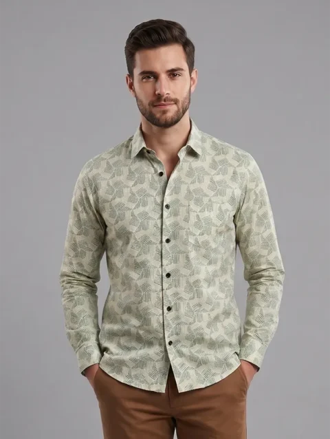 Men's Sage Green Long Sleeve Shirt with Dark Geometric Print.