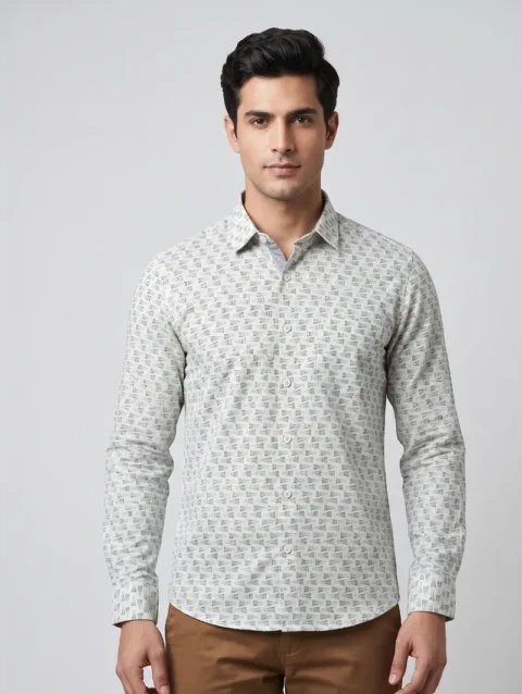Men's Off-White Long Sleeve Shirt with Gray Geometric Triangle Print.