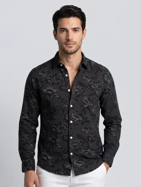 Men's Black Long Sleeve Shirt with Dark Gray Floral Print.