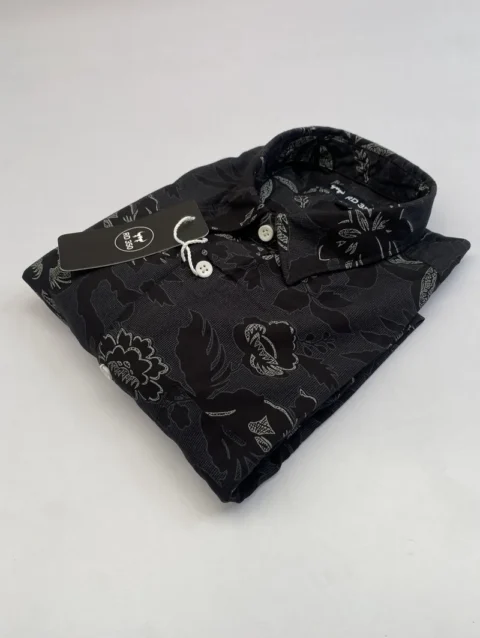 Men's Black Long Sleeve Shirt with Dark Gray Floral Print.