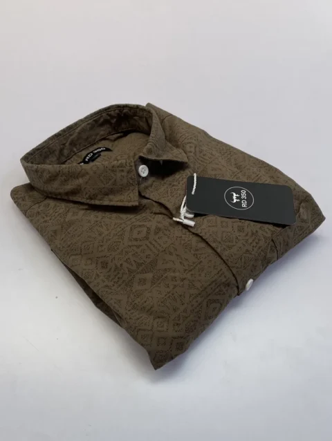Men's Brown Long Sleeve Shirt with Geometric Tribal Print.