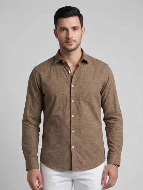 Men's Brown Long Sleeve Shirt with Geometric Tribal Print.