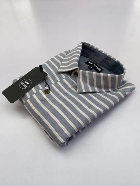 Men's Light Blue Long Sleeve Shirt with White Horizontal Stripes.