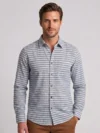 Men's Light Blue Long Sleeve Shirt with White Horizontal Stripes.