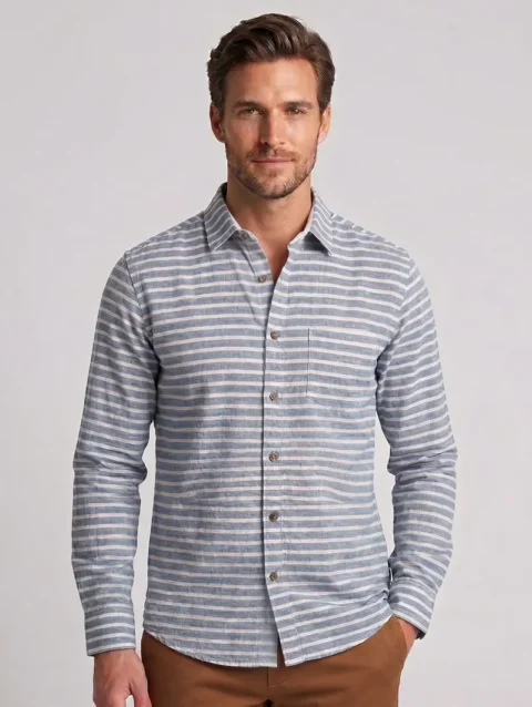 Men's Light Blue Long Sleeve Shirt with White Horizontal Stripes.