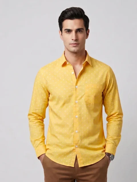 Men's Yellow Long Sleeve Shirt with White Micro Ditsy Print.