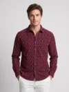 Men's Maroon Long Sleeve Shirt with White Micro Leaf Print.