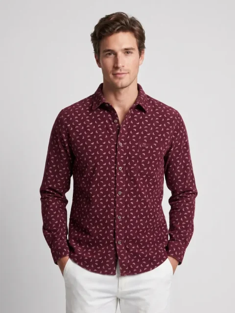 Men's Maroon Long Sleeve Shirt with White Micro Leaf Print.