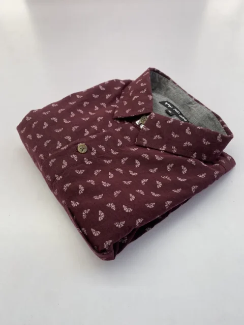 Men's Maroon Long Sleeve Shirt with White Micro Leaf Print.