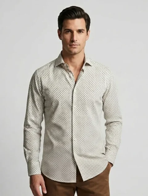 Men's Off-White Long Sleeve Shirt with Gray Geometric Diamond Print.