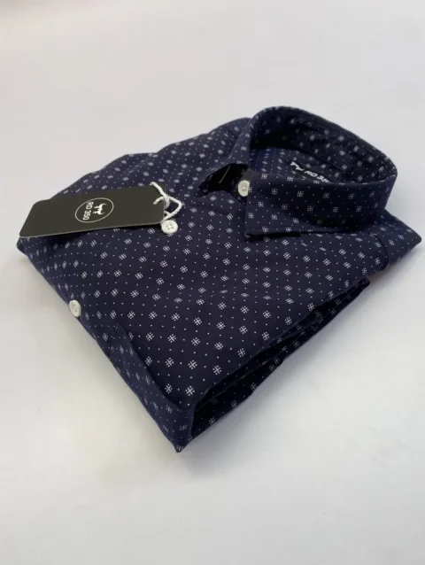 Men's Navy Blue Long Sleeve Shirt with White Geometric Micro Print.