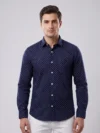 Men's Navy Blue Long Sleeve Shirt with White Geometric Micro Print.