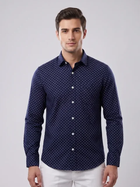 Men's Navy Blue Long Sleeve Shirt with White Geometric Micro Print.