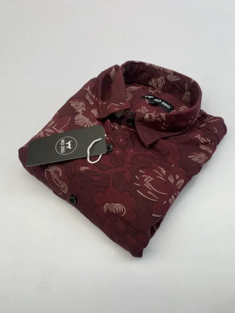 Men's Maroon Long Sleeve Shirt with Pink Floral Print.