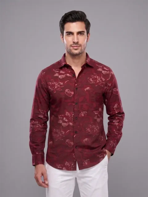Men's Maroon Long Sleeve Shirt with Pink Floral Print.