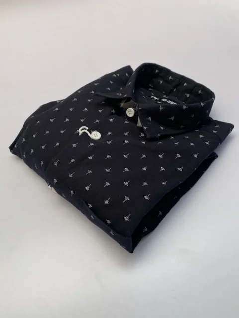 Men's Navy Blue Long Sleeve Shirt with White Palm Tree Print.