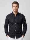 Men's Navy Blue Long Sleeve Shirt with White Palm Tree Print.