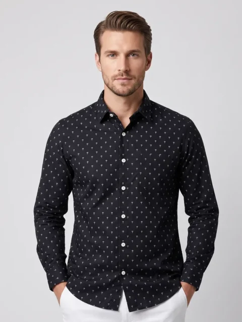 Men's Navy Blue Long Sleeve Shirt with White Palm Tree Print.