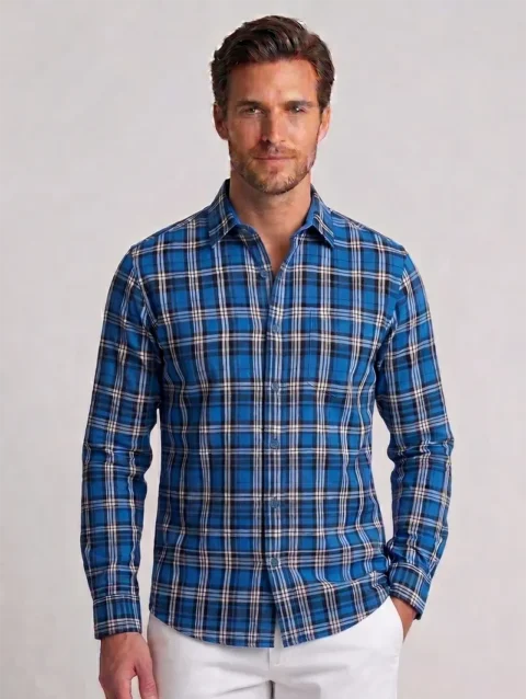 Men's Royal Blue Long Sleeve Shirt with Plaid Check Pattern