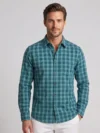 Men's Teal Green Long Sleeve Shirt with Plaid Check Pattern.