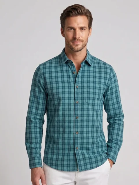 Men's Teal Green Long Sleeve Shirt with Plaid Check Pattern.