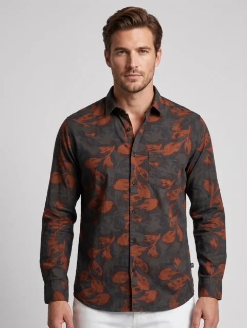 Men's Dark Gray Long Sleeve Shirt with Rust Orange Floral Print.