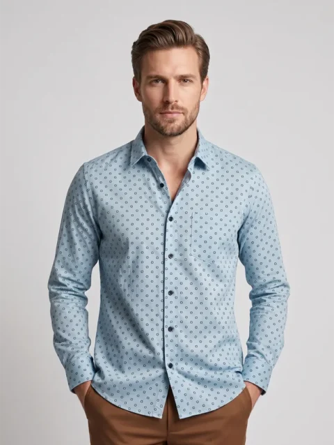 Men's Light Blue Long Sleeve Shirt with Dark Geometric Geometric Print.