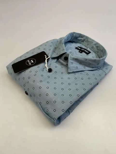 Men's Light Blue Long Sleeve Shirt with Dark Geometric Geometric Print.
