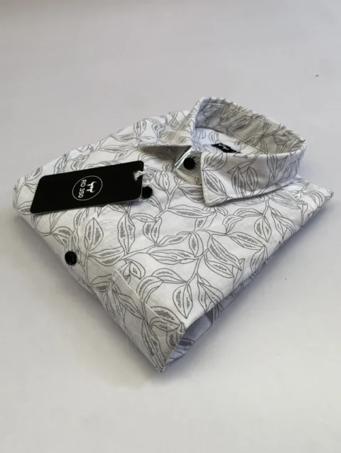 Men's Off-White Long Sleeve Shirt with Gray Leaf Outline Print.