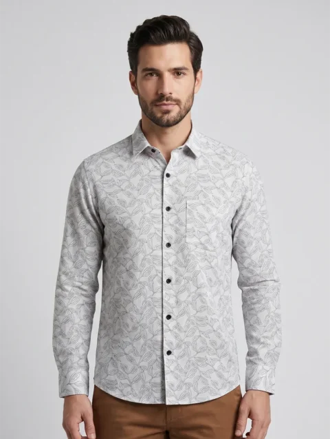 Men's Off-White Long Sleeve Shirt with Gray Leaf Outline Print.