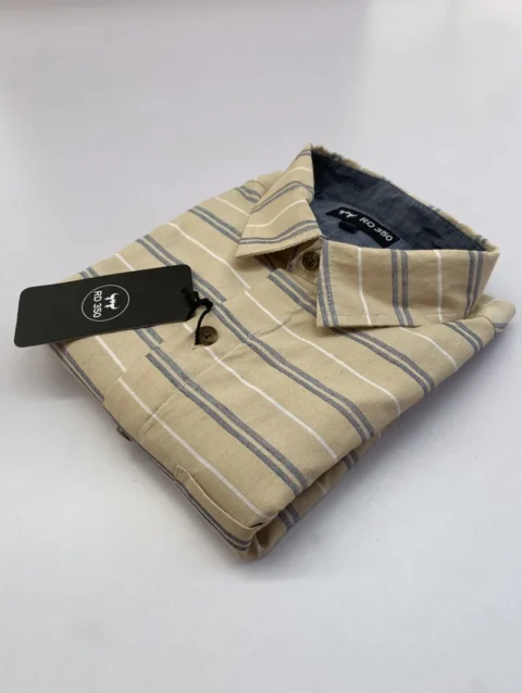 Men's Beige Long Sleeve Shirt with Navy Blue Horizontal Stripes.