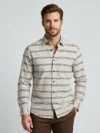 Men's Beige Long Sleeve Shirt with Navy Blue Horizontal Stripes.