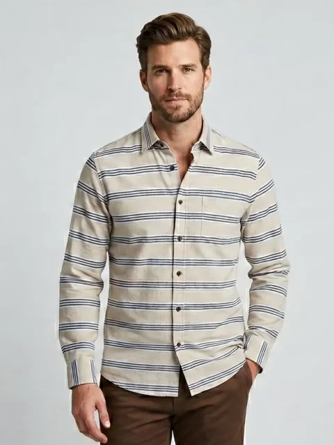 Men's Beige Long Sleeve Shirt with Navy Blue Horizontal Stripes.