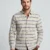 Men's Beige Long Sleeve Shirt with Navy Blue Horizontal Stripes.