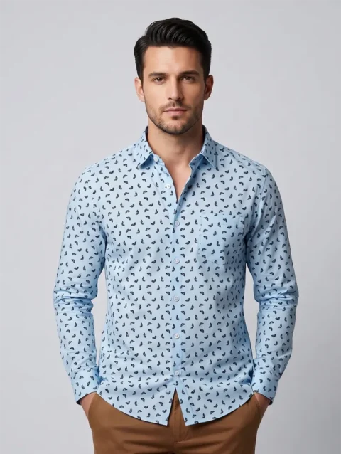Men's Light Blue Long Sleeve Shirt with Navy Micro Print.
