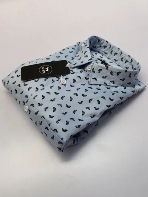 Men's Light Blue Long Sleeve Shirt with Navy Micro Print.