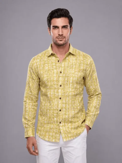 Men's Mustard Yellow Long Sleeve Shirt with White Abstract Leaf Print.